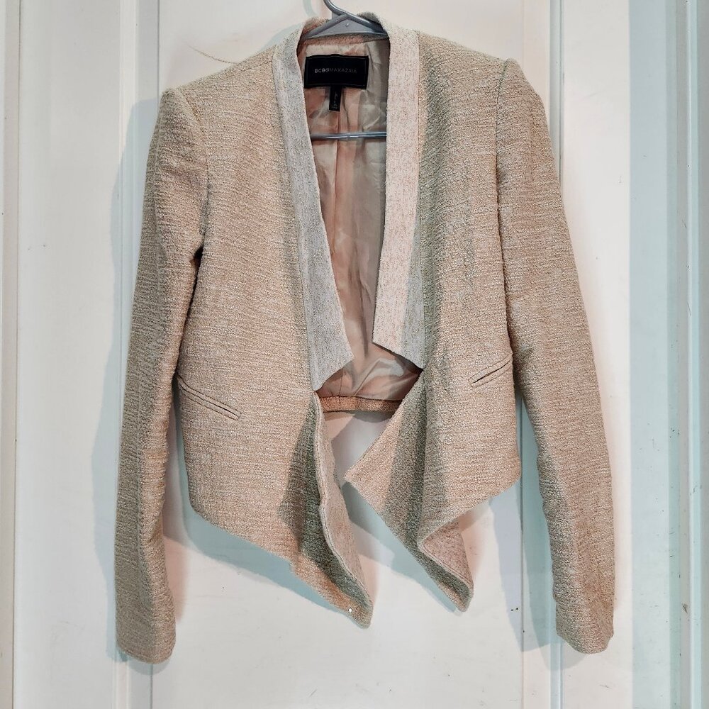 BCBG Maxazria Blazer Jacket Oatmeal Waterfall Front Contrast Fabric